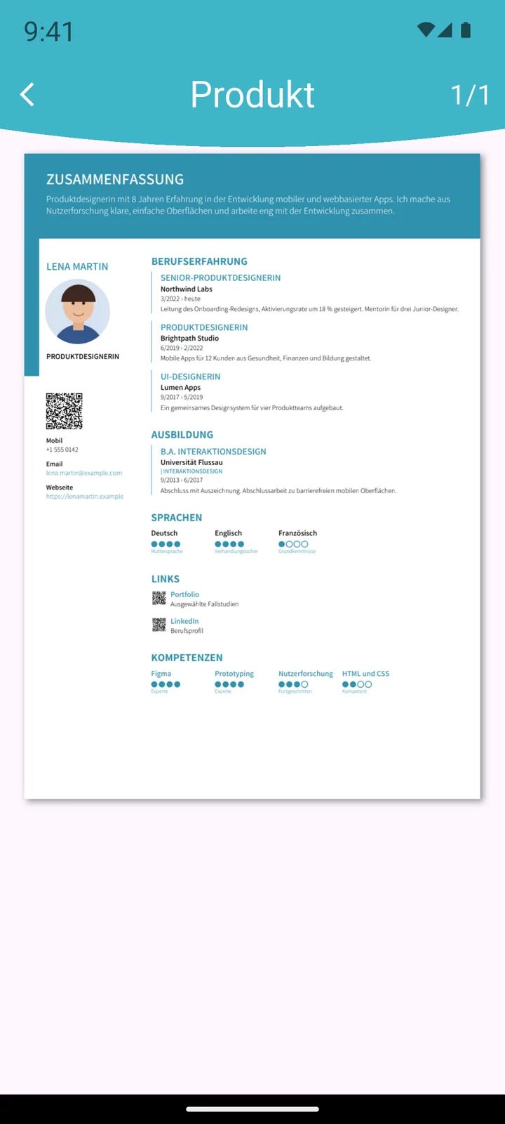 PDF-Vorschau mit Foto und QR-Code