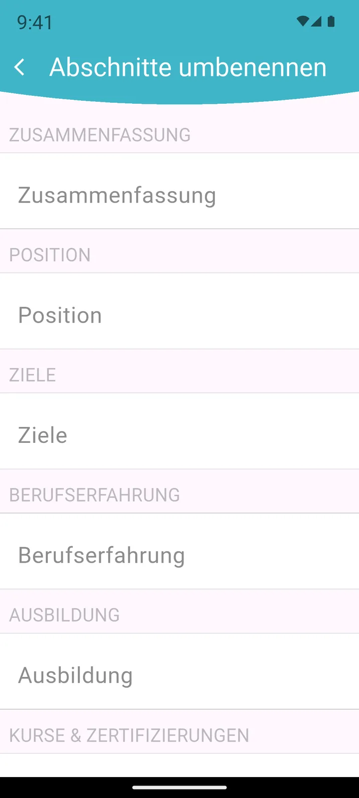 Abschnitte des Lebenslaufs umbenennen