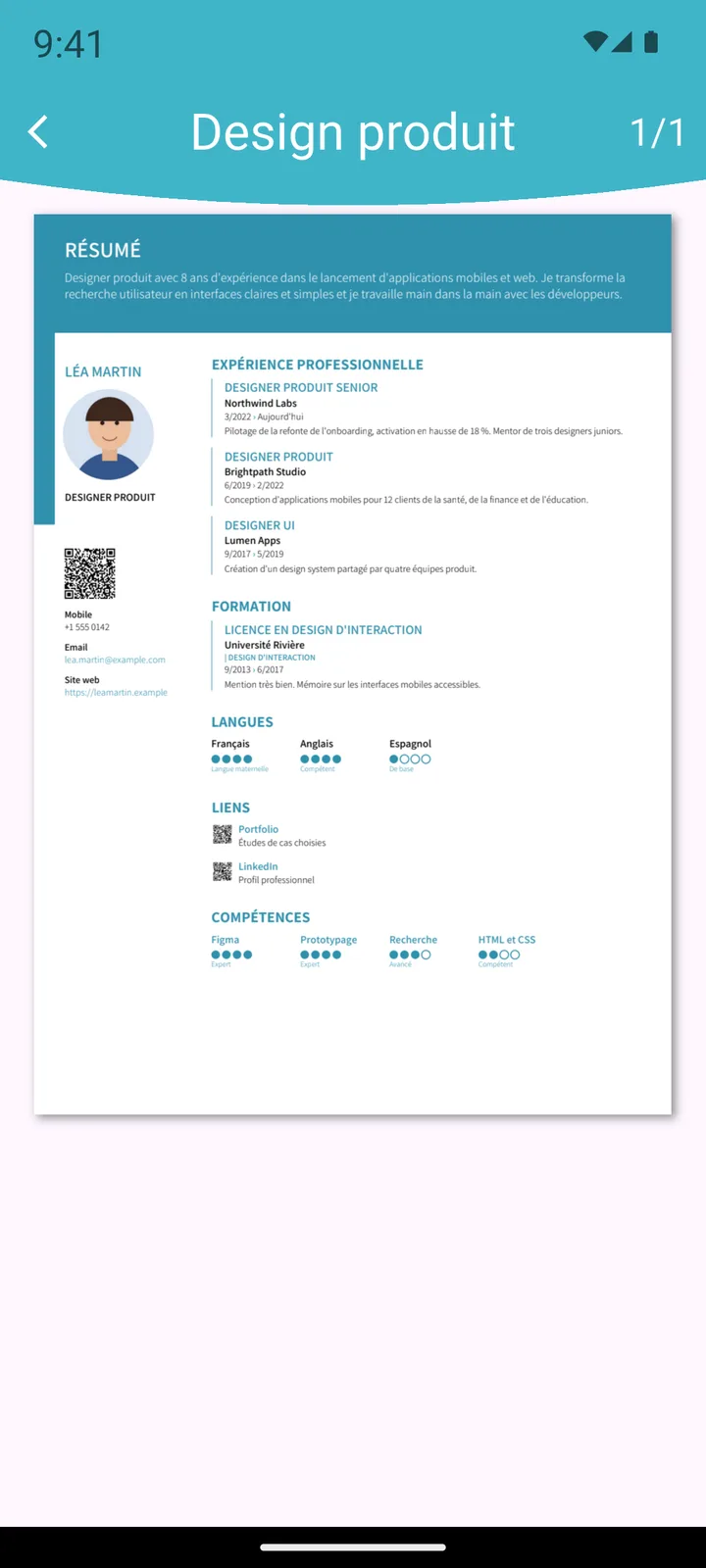 Aperçu du PDF avec photo et QR code