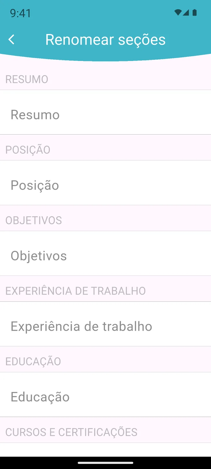 Renomeando as seções do currículo