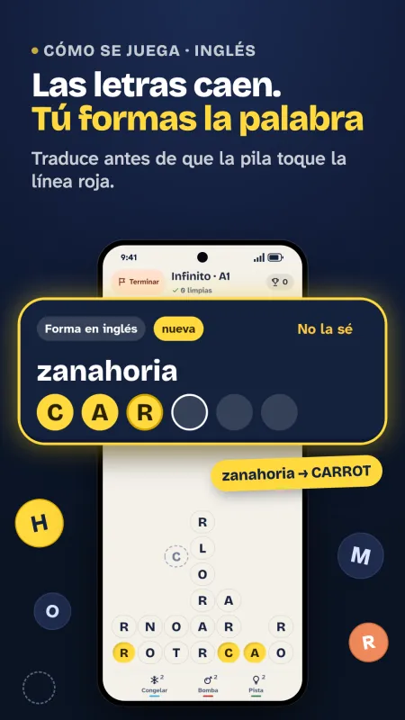 Partida de LexiDrop: letras que caen para formar una palabra
