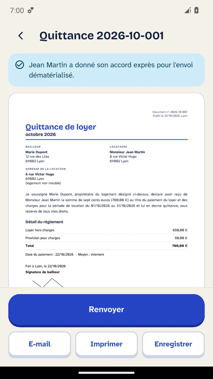 Aperçu du PDF de la quittance