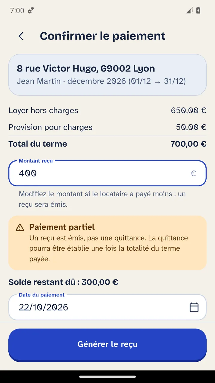 Paiement partiel et reçu